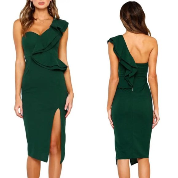 Hello Molly Dresses & Skirts - Hello Molly Caruso Ruffle One Shoulder Bodycon Dress Green
